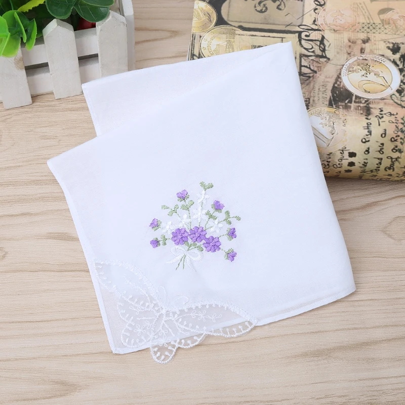 6 Pcs Vintage Cotton Ladies Embroidered Lace Handkerchief Women Floral Hanky Dropshipping