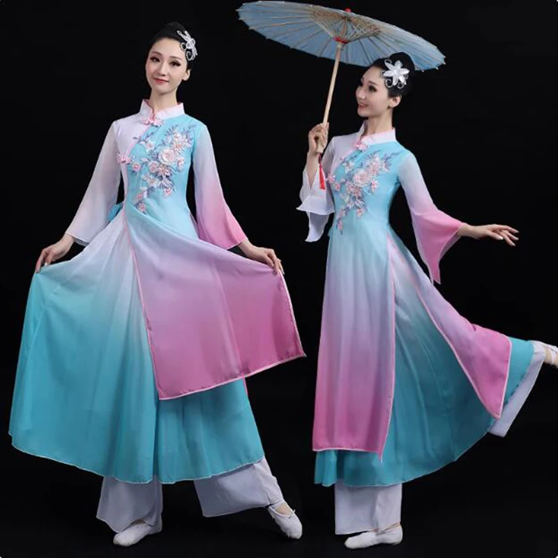 

Ancient Chinese Classical Folk Dance Costume for Women Adults Fan Yangko Stage Performance Clothing Stage Wear