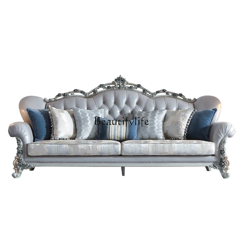 

**French light luxury leather solid wood sofa European bright leather carved villa large flat floor