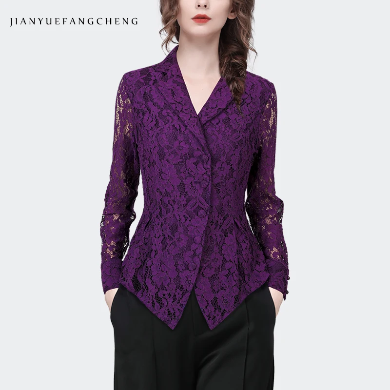 Fashion Lapel Collar Hollow Out Purple Lace Top Womens 2024 Spring Summer New Elegant Slim Button-down Shirt Office Blouses