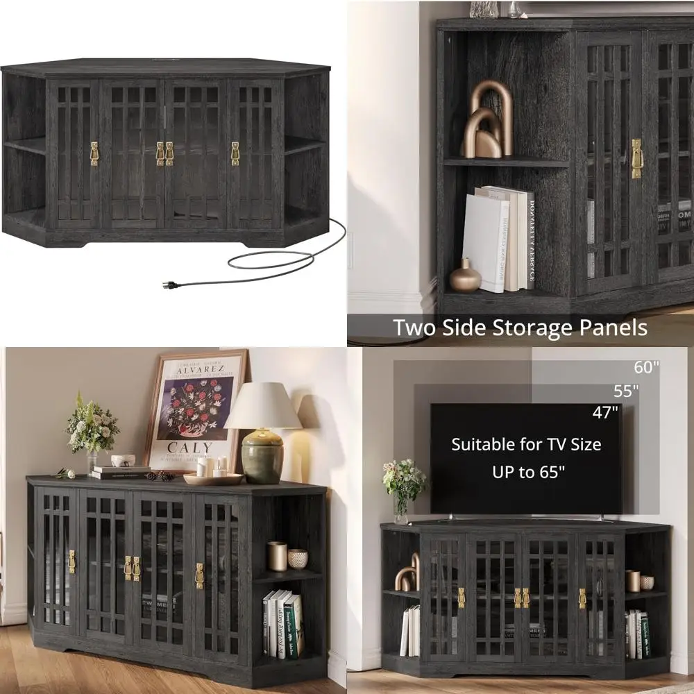 Supporto TV angolare per TV da 60 pollici con armadietto portaoggetti, ante in vetro e presa di corrente - Centro di intrattenimento per spazi angolari