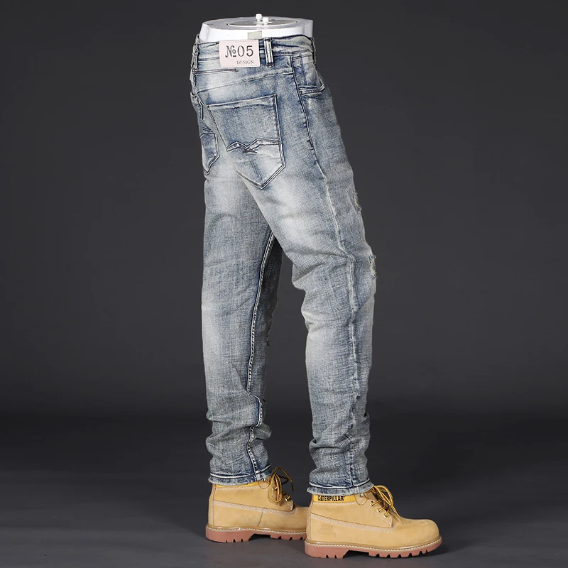 Newly Designer Fashion Men Jeans Retro Gray Blue Elastic Slim Fit Ripped Jeans Men Patchwork Vintage Casual Denim Pants Hombre