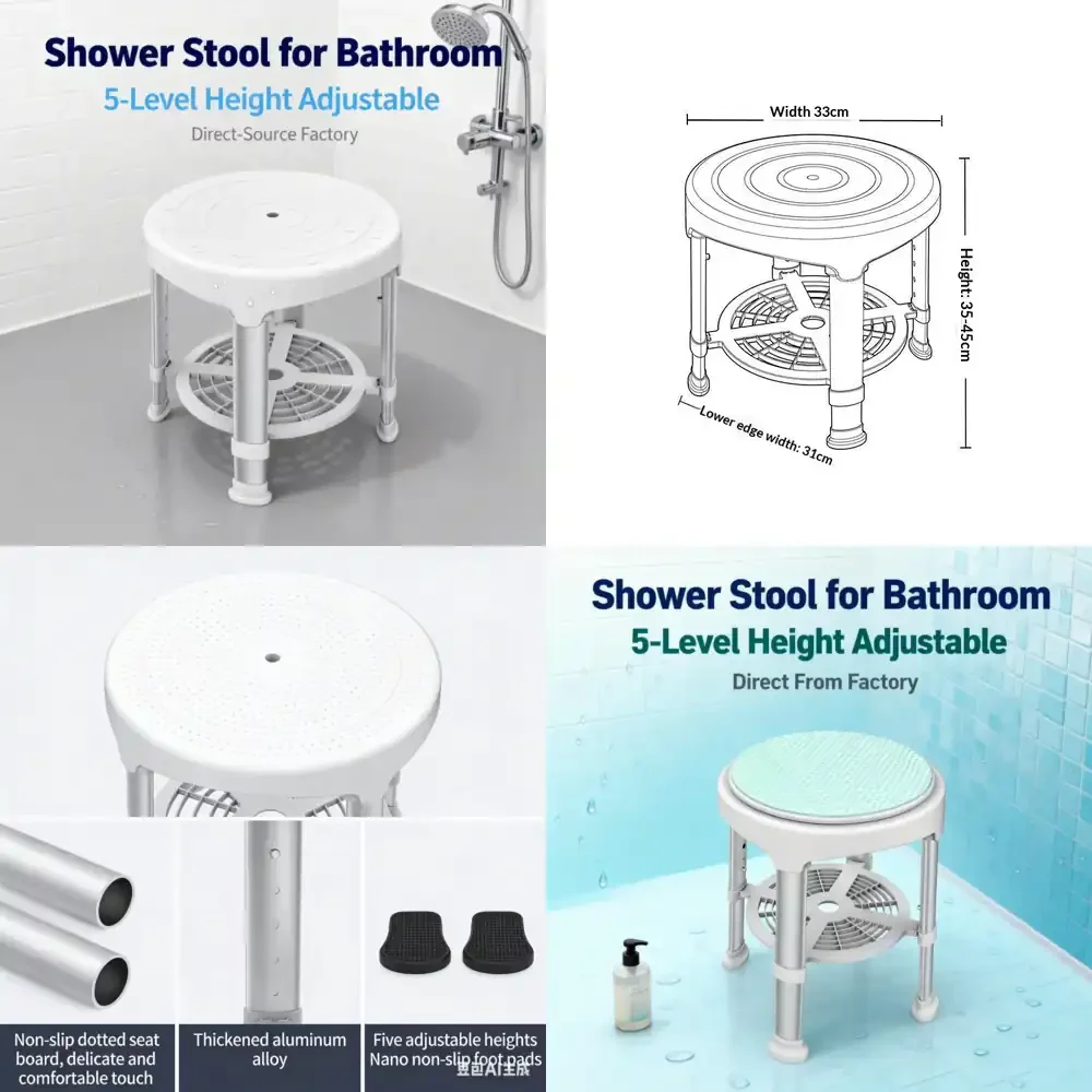

Age-Friendly Modern Bathroom Shower Bathing Stool for Seniors Elderly Adults Height Adjustable Aluminum Alloy Foldable Seat