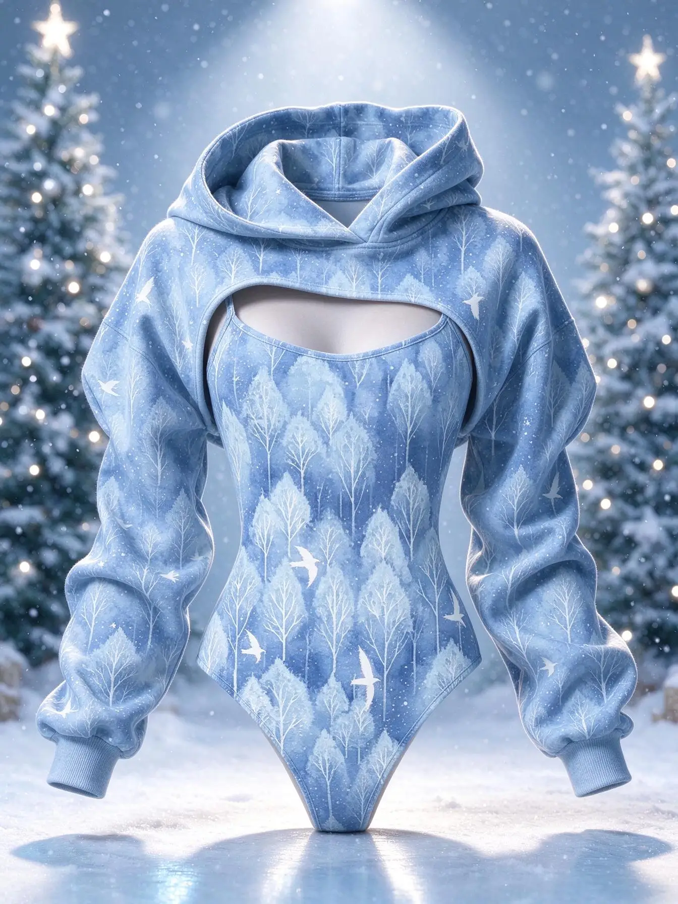 Conjunto de dos piezas para mujer, con estampado de paisaje en acuarela, ideal para el invierno: chaleco con capucha de manga larga y body ajustado.