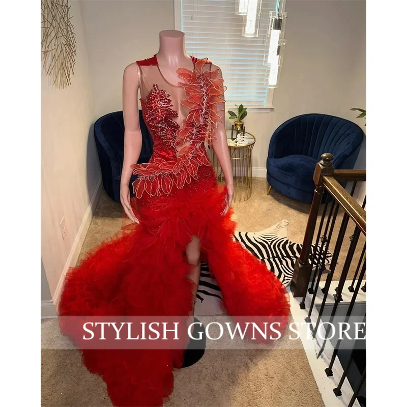 Luxe Rode Zeemeermin Galajurk 2026 Kraal Gelaagde Ruches Jurk Diamanten Applicaties Verjaardagsfeestje Avondfeest Jurken Aangepast