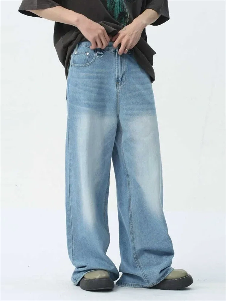 

Women's Light Blue Retro Washed Straight Jeans Street Cool Girl Bottoms Wide Legs Unisex Pants Female Baggy Denim Trousers 3XL