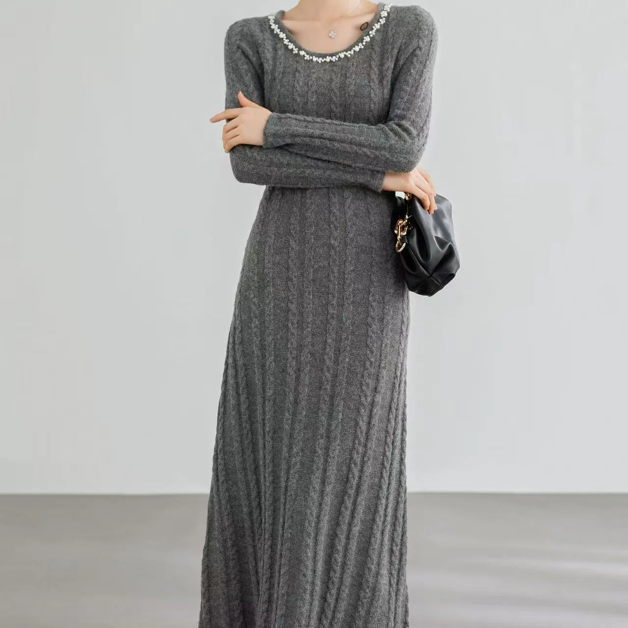 Vrouwen Gebreide Jurk Koreaanse Ronde Hals Nagel Kraal Gebakken Deeg Twists Trui Jurken Herfst Winter Nieuwe Stijl O-hals Taille Slim Fit