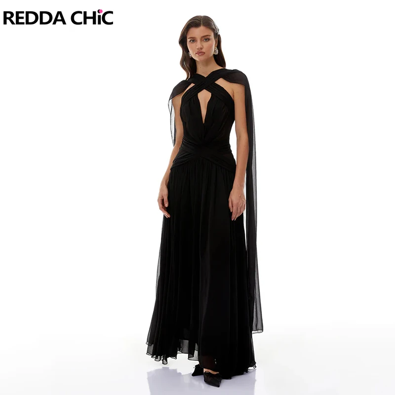 

Женское вечернее платье REDDACHiC с рукавами-накидками, шифоновое, сексуальное, с открытой спиной, с вырезами, макси, длинное, с перекрестной застежкой на шее, элегантное, для торжественных мероприятий