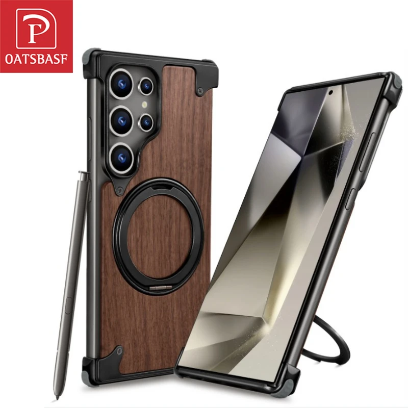 

Oatsbasf Wood Magnetic Phone Case for Samsung Galaxy S24 Ultra w/ Magsafe Kickstand Frameless Bumper Drop-Proof Phone Back Cover