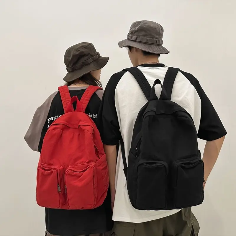 

Washed Canvas Backpack Large Capacity Senior High School College Student Schoolbag Unisex Solid Color Travel Backpack