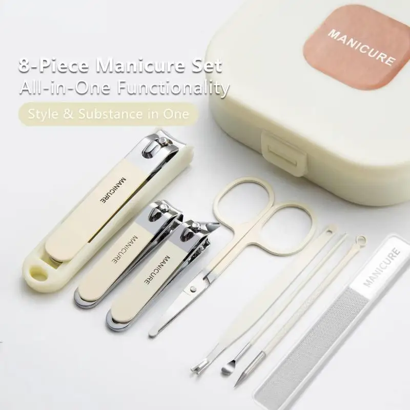 8Pcs Stainless Steel Nail Care Kit Anti-Splatter Clippers Manicure Pedicure Grooming Tools Nano Glass Buffer Organizer Case