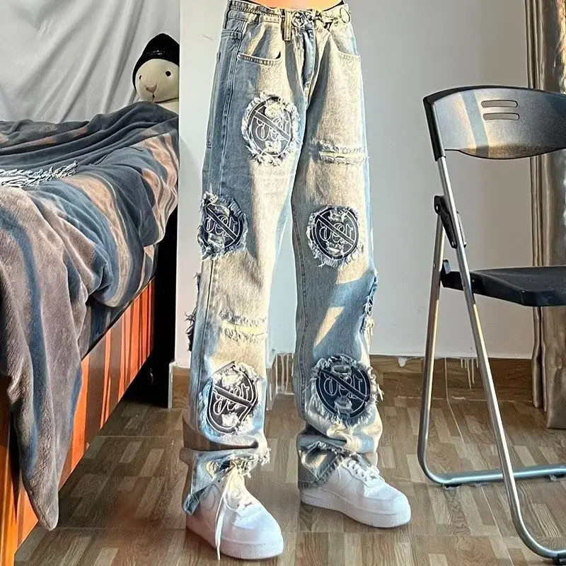 

Retro American Vibe Distressed Patchwork Jeans Loose Straight Leg Trousers for Men And Women High Street Style Summer Casual