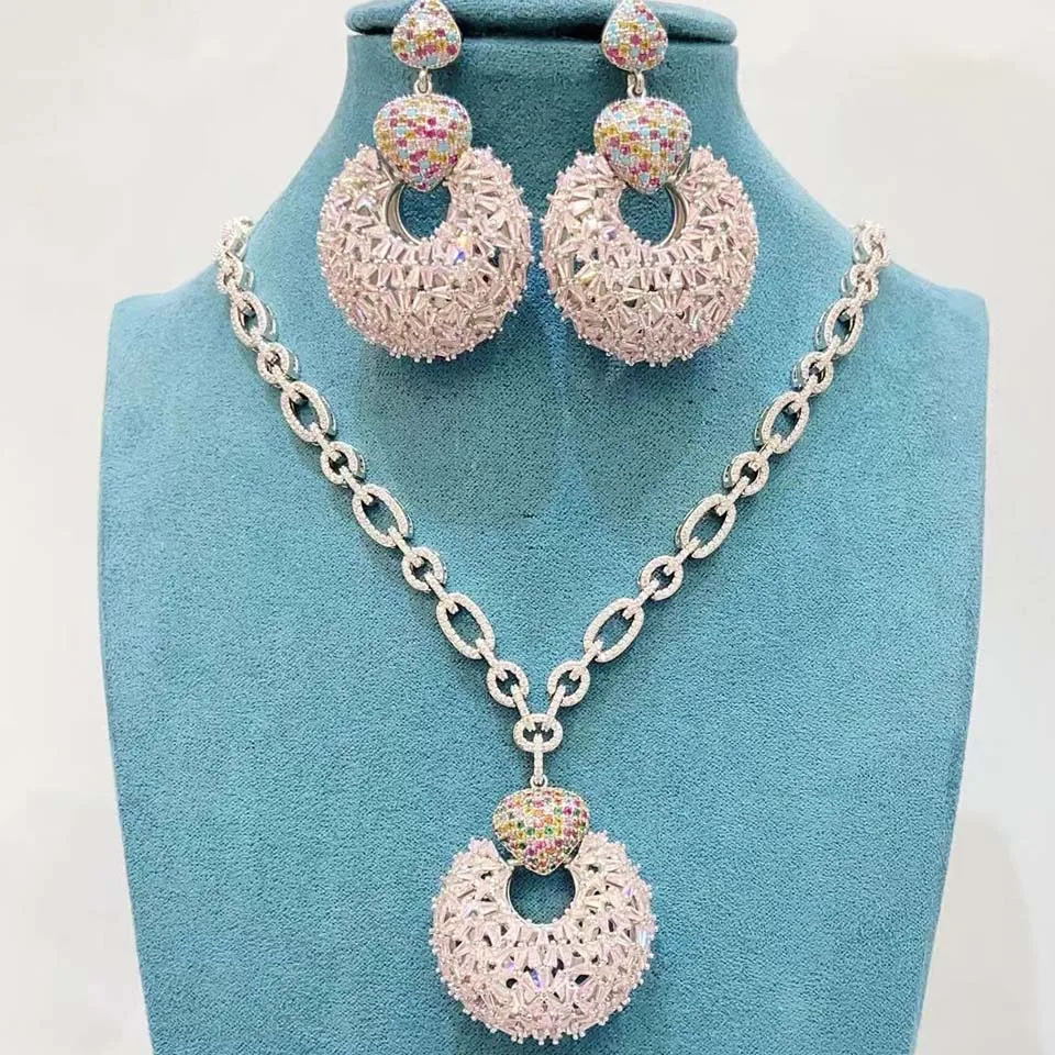 Zlxgirl full Mixed colorful Cubic Zircon Bridal Necklace and Earring jewelry set for women's anniversary bijoux fine couple gift