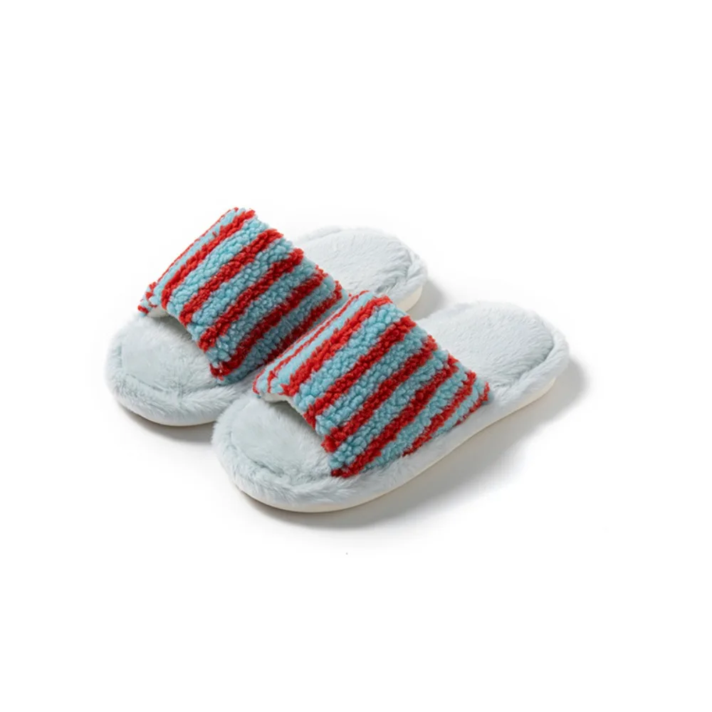 

Fluffy Stripe Casual Plush Slippers Patchwork Warm Women Home Flats Anti Slip Soft Winter Plush Slippers Winter