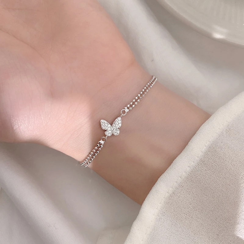 925 Sterling Silver Diamond-Studded Butterfly Bracelet Women's Fashion Romantic Jewelry Temperament Adjustable Bracelet