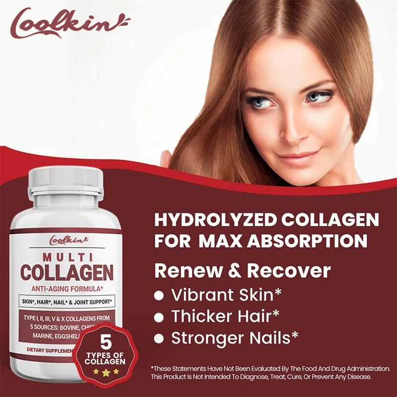 Multi Collagen Capsules (I, II, III, V, and X) - Grass Fed Collagen Peptide - Anti Aging Collagen Supplement