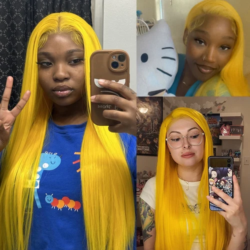 Imagen 2 del producto Peluca recta sintética para mujer, pelo largo y sedoso con encaje frontal, parte media, color amarillo limón, Cosplay