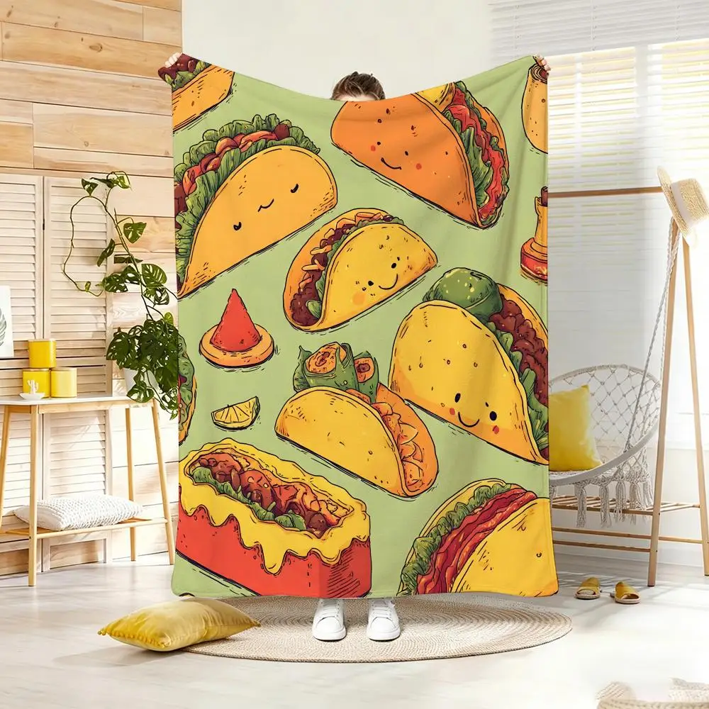 Mexican Style Cute Cartoon taco Throw Lightweight  Flannel Blanket Soft Skin-friendly for Summer Cooling
