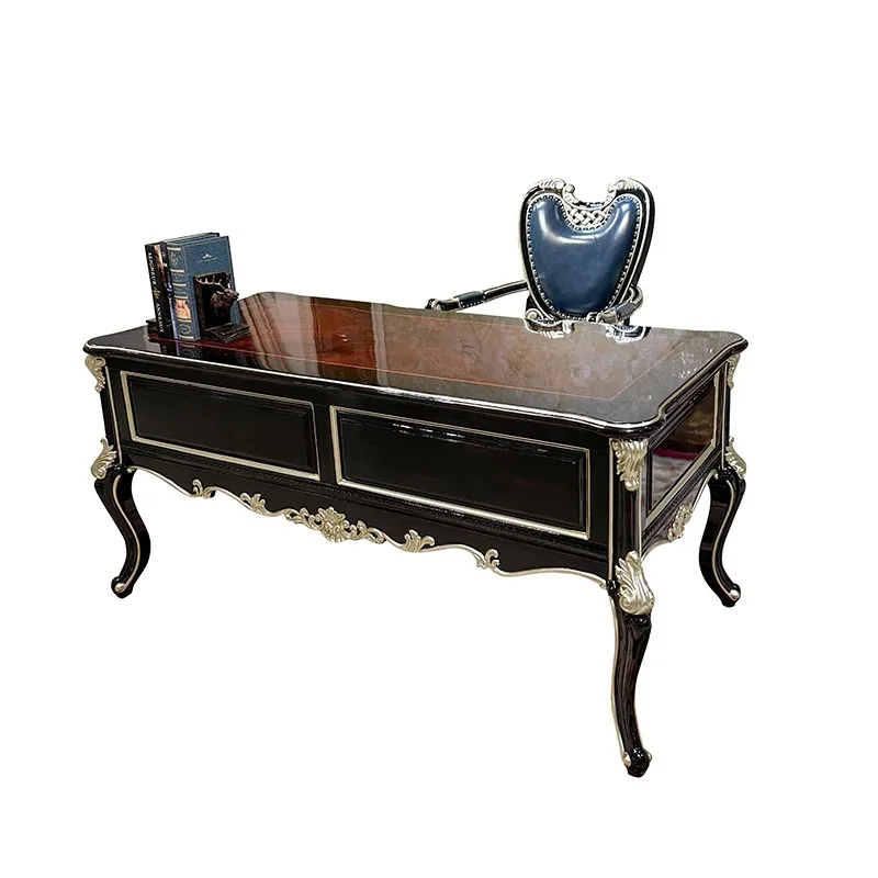 

French solid wood desk, European home study computer desk, ebony veneer storage desk