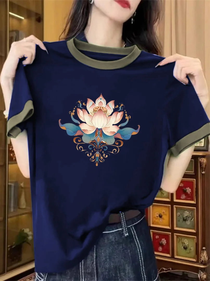 Loose Fit Pure Cotton Short Sleeve round Neck T-Shirt Summer New Style Meat Concealing Slimming Top Color Block Printed Casua...