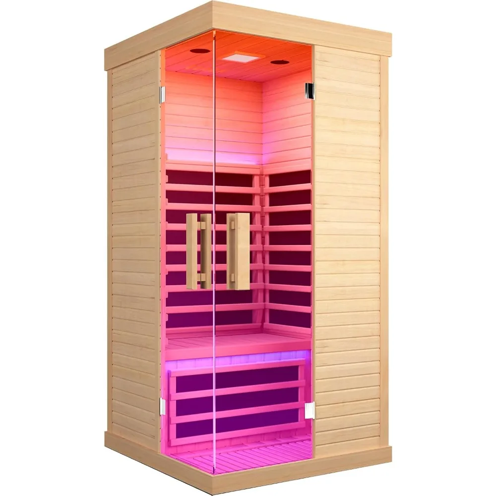 Sauna Room Indoor Far Infrared Home Canadian Hemlock 1420 W Low-EMF Dry Saunas Single Person Spa with Oxygen Bar 7 Color Therapy