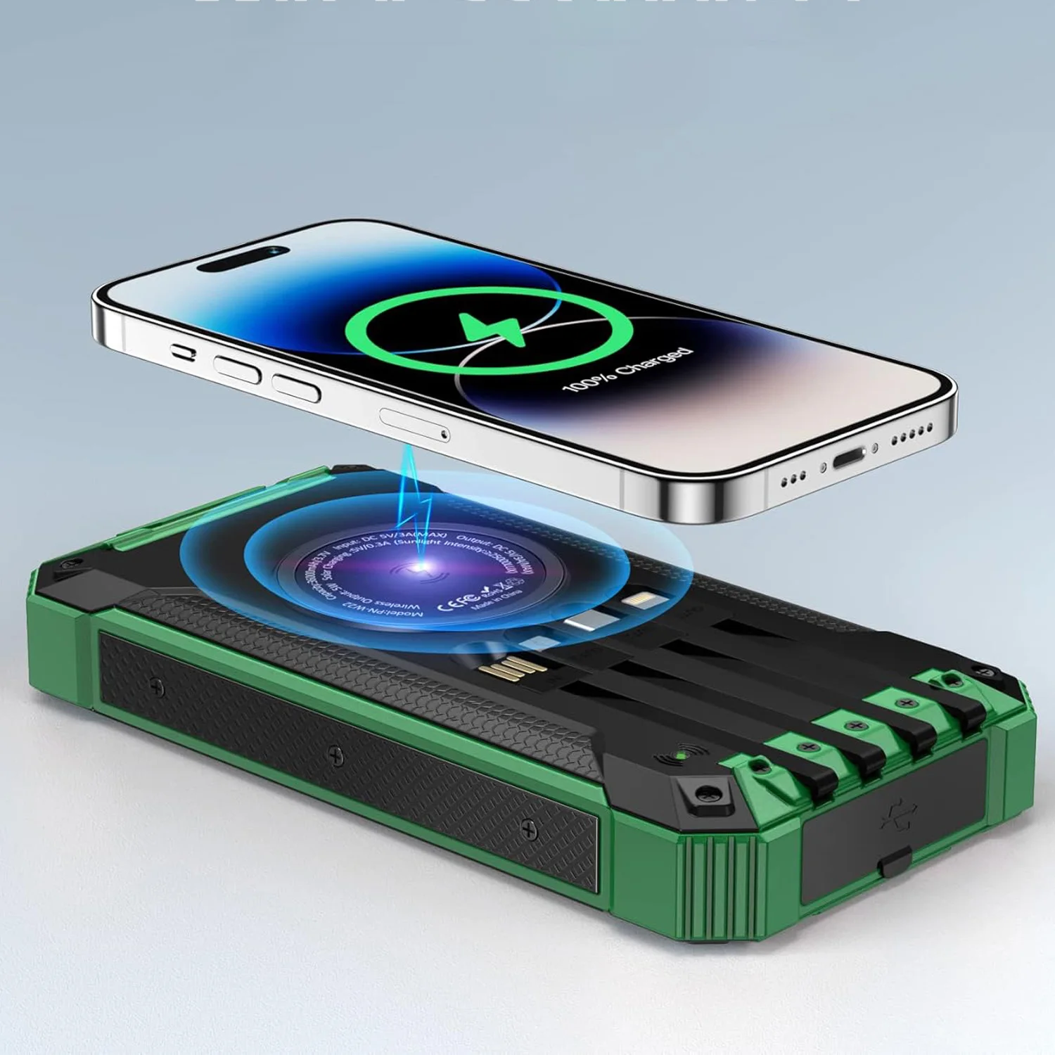 Solar-Ladegerät Powerbank 26800mAh Tragbares Telefonladegerät, Eingebaute 4 Kabel mit USB-C 6 Ausgängen & 2 Eingängen für Alle Mobiltelefone