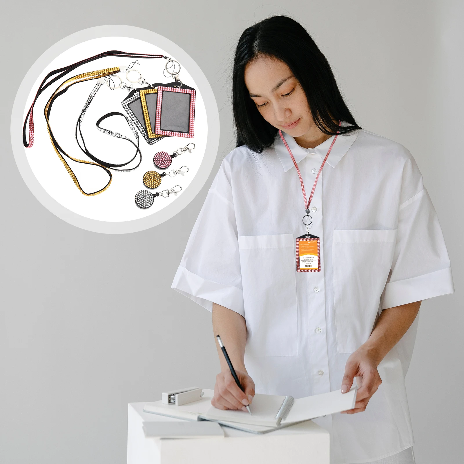 

3pcs Rhinestone Badge Holder Sleeves Retractable Reels for Office Event Key Storage Microfiber Id Clip