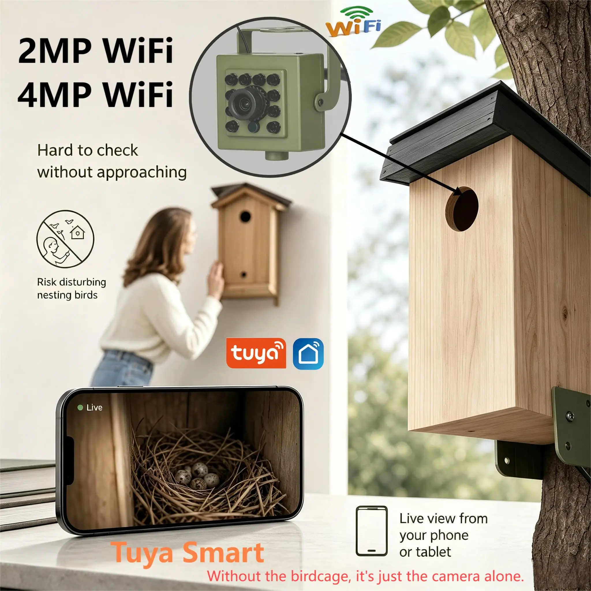 Caméra WiFi HD intelligente Tuya Smart Life 4MP, nichoir pour oiseaux intelligent avec vision nocturne automatique, application Tuya pour observer les activités des oiseaux en temps réel