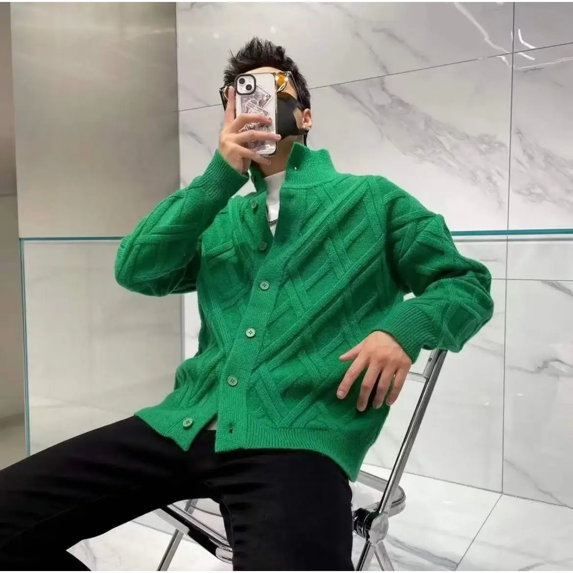 

Loose Casual V-Ne Knitted Sweater Coat Men's Spring Autumn een Youth Trendy Brand Button-Up Polyester Fiber Regular Fit