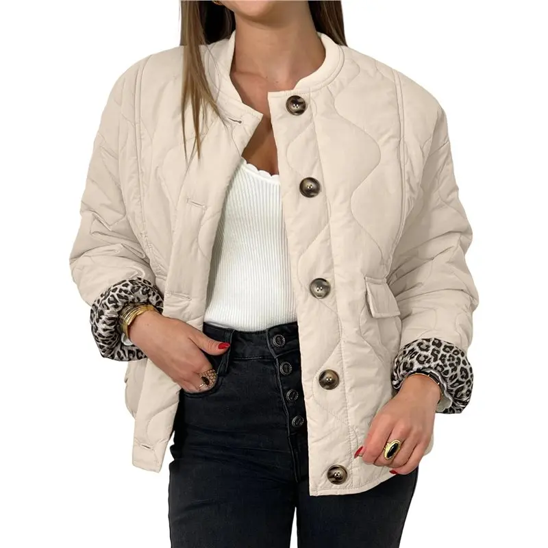 

AT29-Female Quilted Jacket Button Down Fall Winter Coats Puffer Padded With Pockets