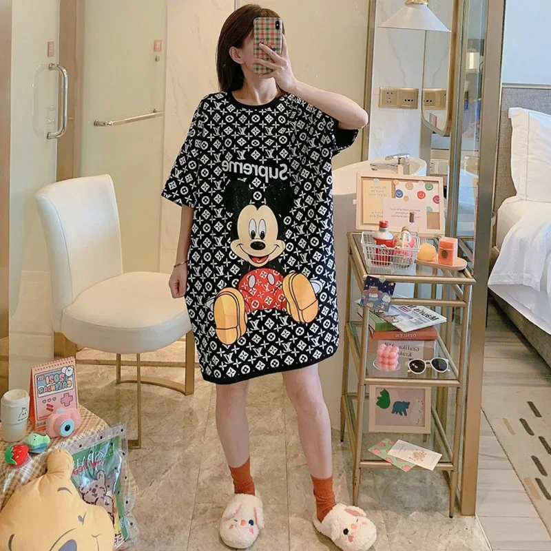 Cartoon Mickey Duck Fashion Print Summer Short Sleeve Nightdress Pajamas Women\'s Summer Long Skirt Loose Home Wear Pajamas