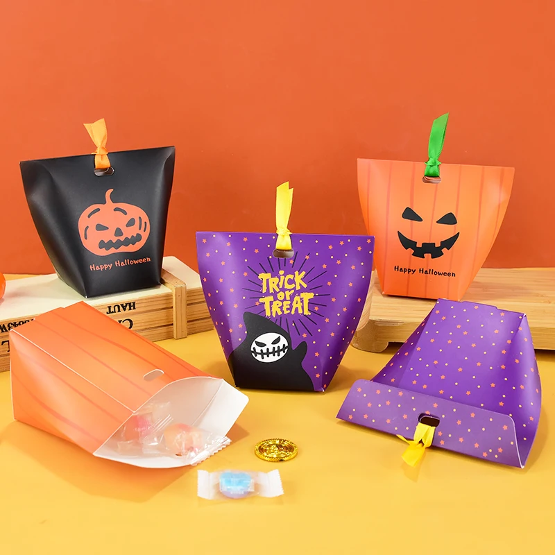

10pcs Halloween Paper Candy Box Kids Gift Bags Trick Or Treat Cute Pumpkin Biscuit Boxes Party Decorations Home Backing Supplies