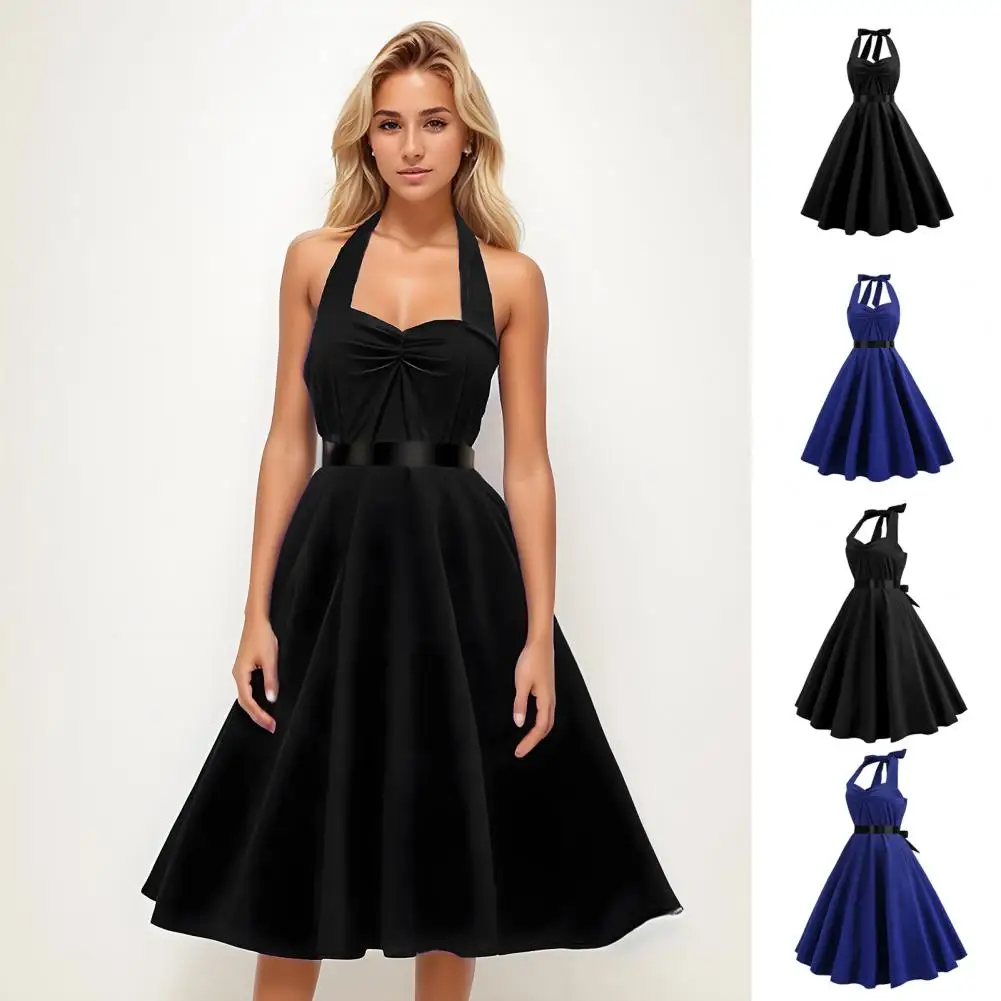 

Sexy Halter Party Dress Women Summer Backless Vintage Retro Rockabilly Swing Elegant Solid Midi Sundress