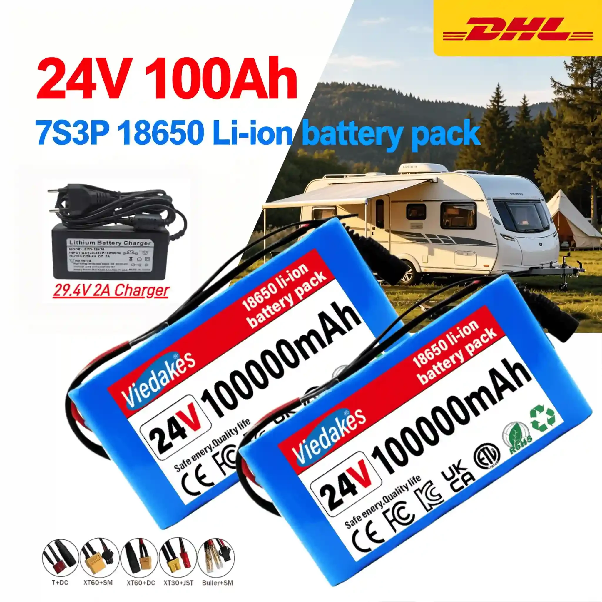 

24V 100Ah 7S3P 18650 Li-ion Battery Pack, VIEDAKES High Capacity Rechargeable Battery with XT60/DC/Bullet Connectors