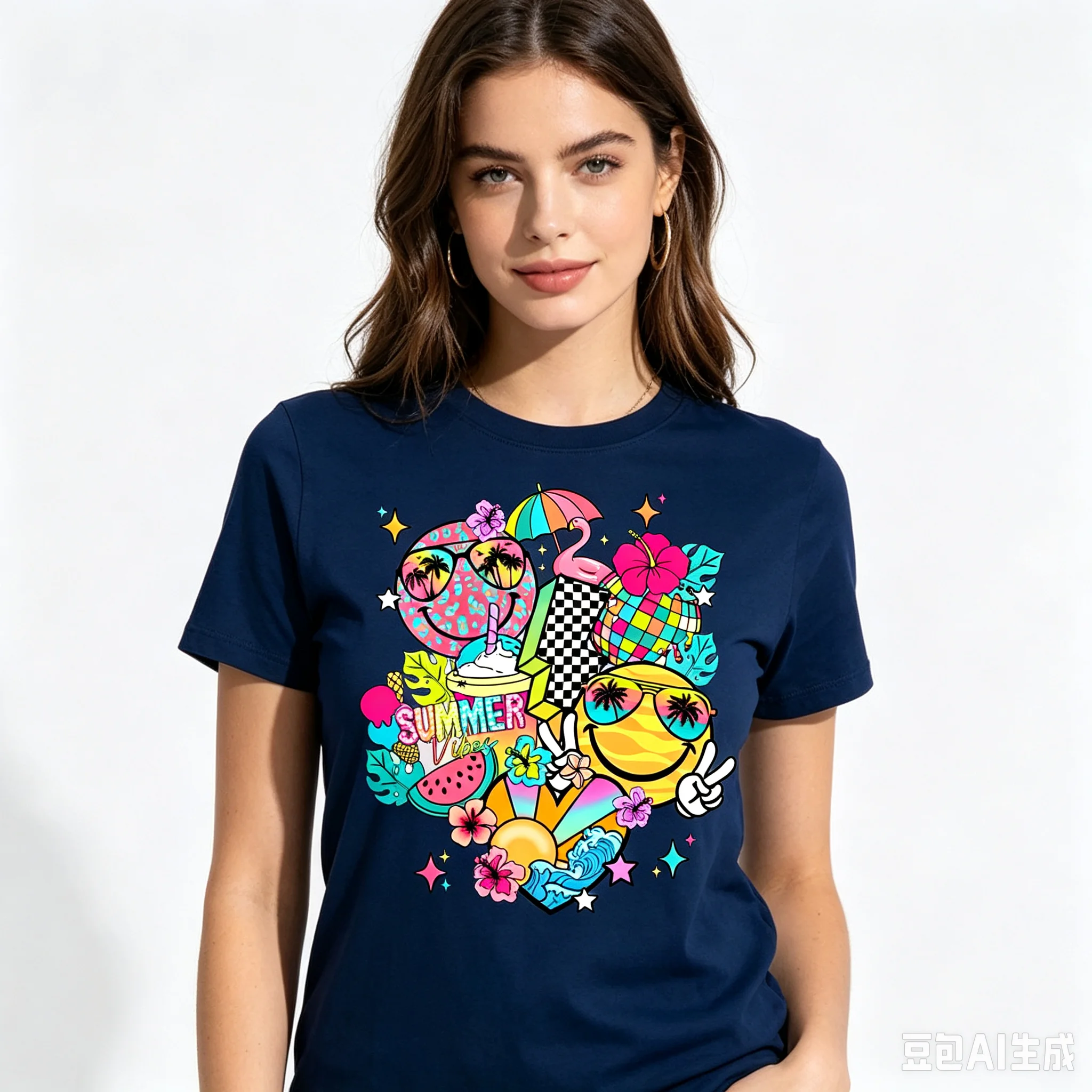 Cotton 100% Fashion Women Summer Beach T‑Shirt Rainbow Disco Ball Fruit Floral Print Casual Streetwear Short Sleeve Tee