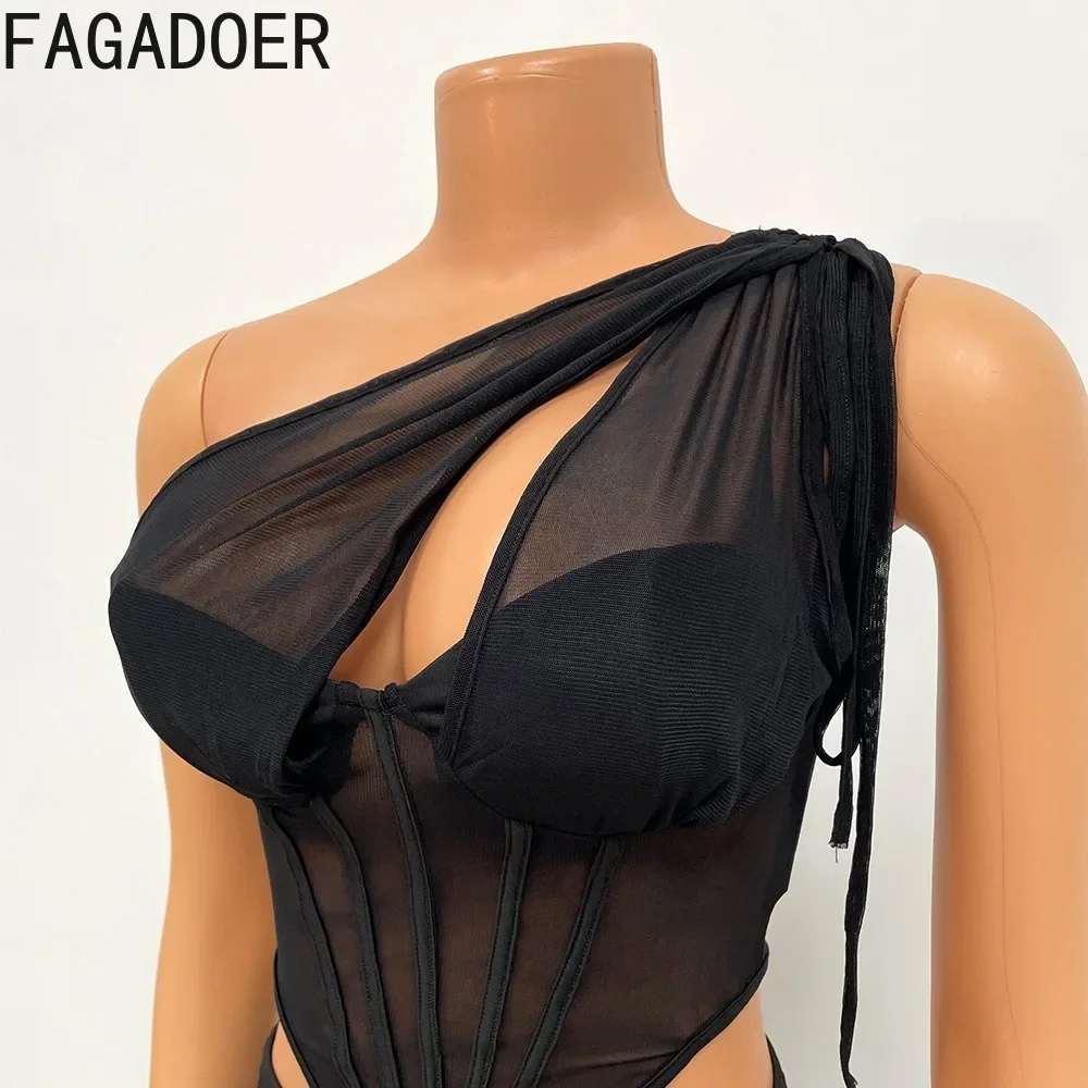 FAGADOER Sexy Mesh Perspective Irregular Two Piece Set For Women One Shoulder Hollow Slim Top And Stacked Pants Nightclub Outfit