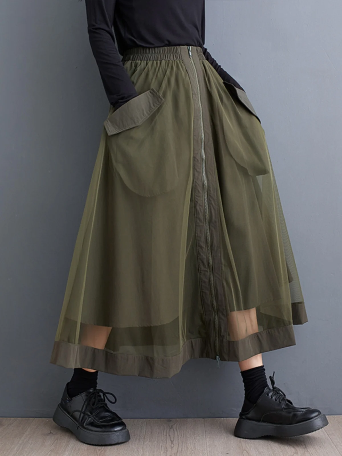 

Модная юбка трапециевидной формы с высокой талией для женщин, повседневная однотонная юбка на молнии с эластичной резинкой на талии, корейская длинная юбка