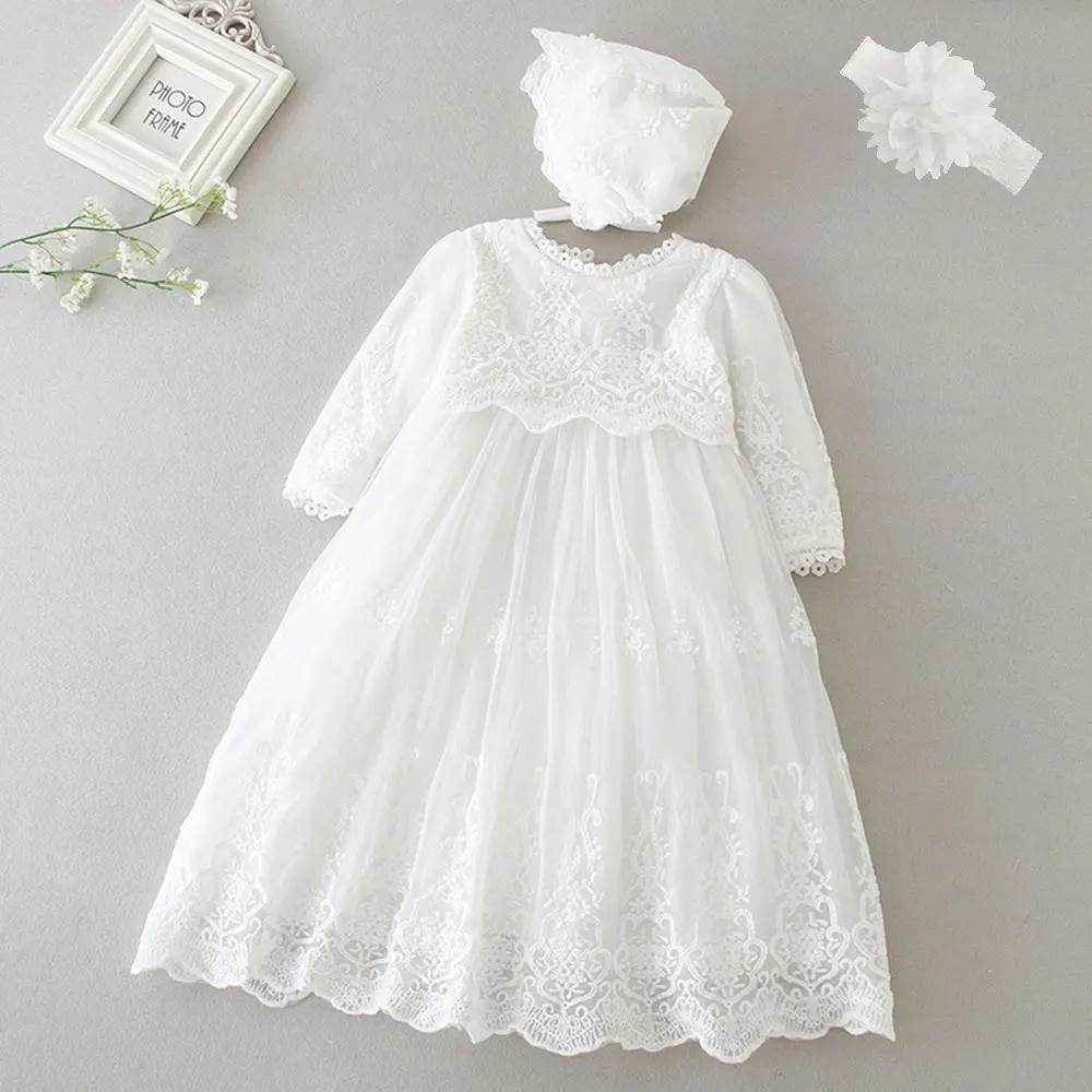 Lace Christening Gown for Baby Long Sleeve Infant Toddler First Communion Birthday Girls Baptism Dresses with Cap