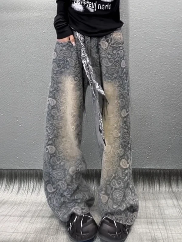 

Faionable High Waist Floral Embroidery Wide Leg Jeans Loose Fit Floor Length Pants Women's Spring Casual Sle Denim Trousers