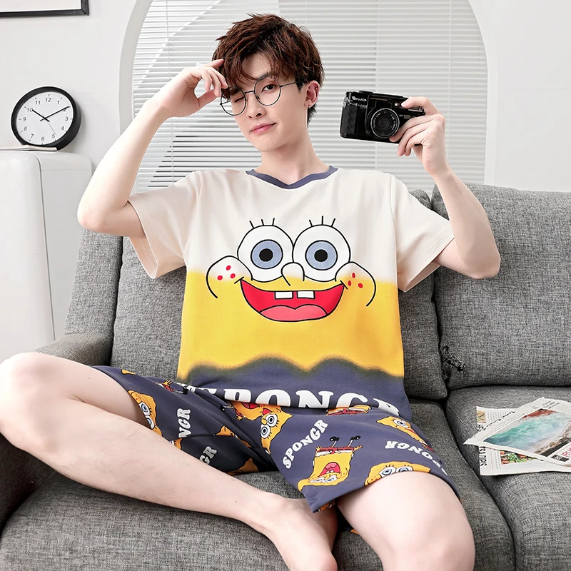 2024 Summer Men\'s Pajamas Sets Knitted Cotton Cartoon Shorts Loose Pijamas For Sleeping Fashion Mens Sleepwear Students Homewear