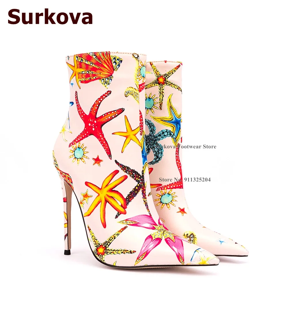 

Surkova Multi-color Starfish Flowers Printed Ankle Boots Thin High Heels Pointed Toe Beige Green Floral Colorized Booties