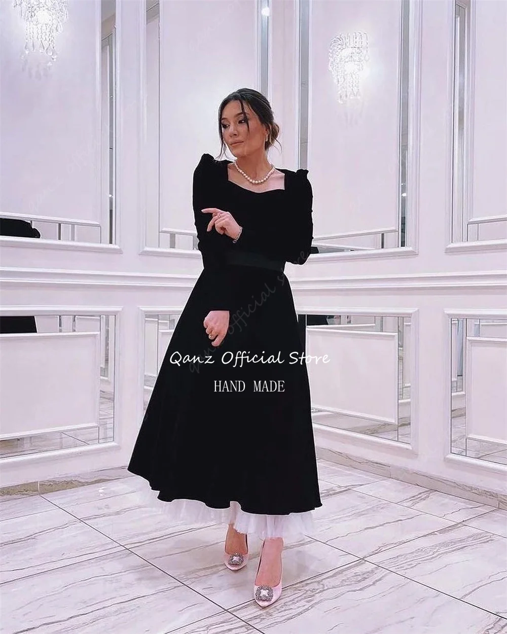 Qanz Saudi Black Velour Evening Dresses A Line Formal Occasion Dresses Ankle Length Long Sleeves Birthday Party Customized