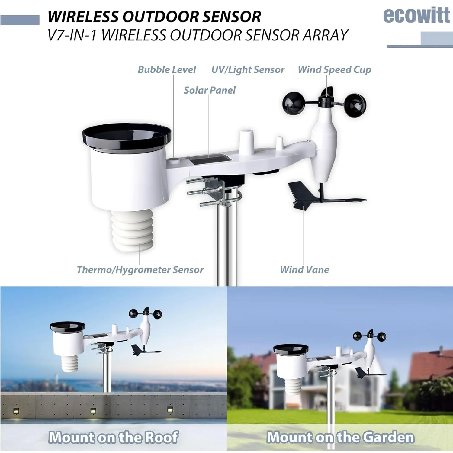 Ecowitt HP2551 Wi-Fi Weather Station with 7'' Large TFT Colored Display Console, 7-in-1 Solar Powered Outdoor Weather Sensor