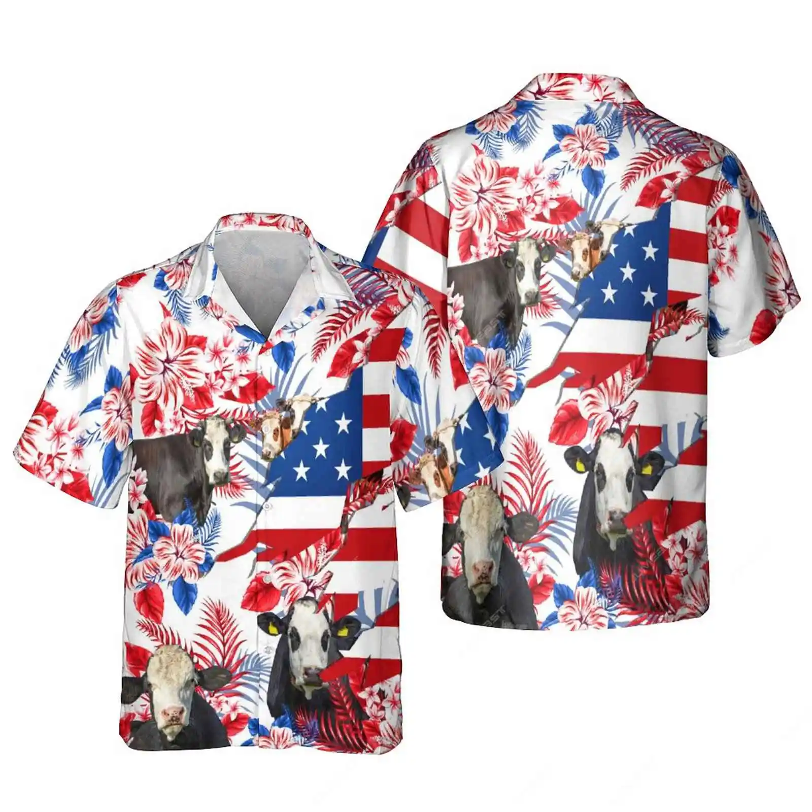 Jumeast Farm Black Angus Men Shirts Holstein Friesian Beach Hawaii Fleckvieh Blouses Graphic American Flag Cattle Youth Clothes