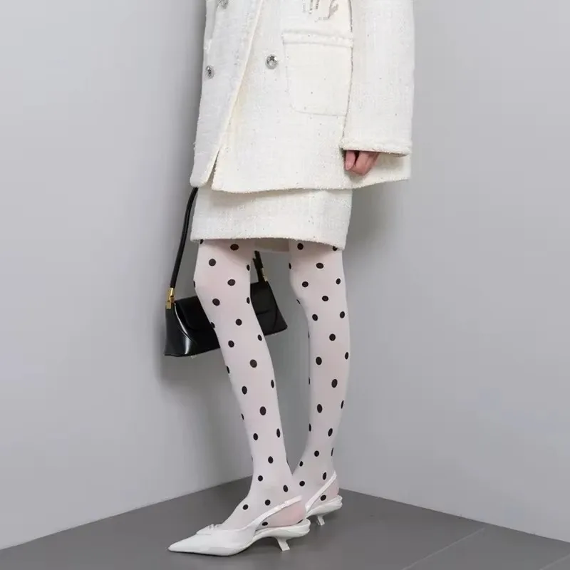 Kave Vintage Black Polka Dot White Pantyhose Women's Sheer Tights Y2k Girls Sexy Crash Tights Slimming Leggings Elastic Stocking