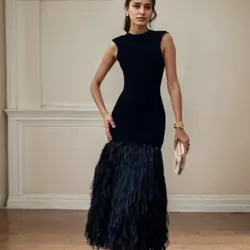 Knitted Fringed Dress for Women European and American Style Sexy Slim Fit Tassel Sleeveless Long Knitted Dress Sexy Sling Dress