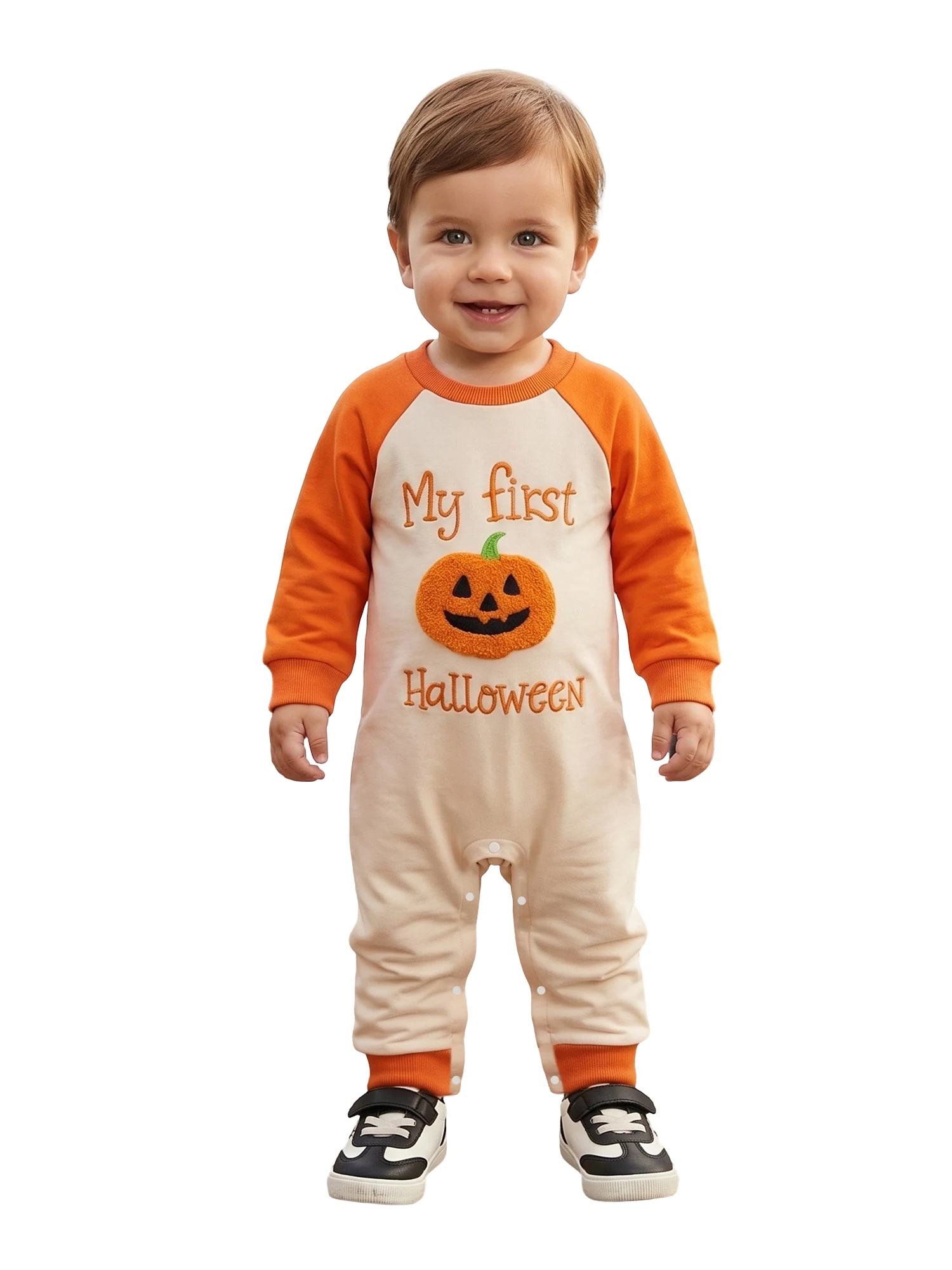 Baby-Halloween-Strampler mit Kürbis-Buchstaben-Stickerei, langer Raglan-Ärmel-Overall, niedliche Herbst-Feiertagskleidung für Kleinkinder, Jungen und Mädchen – Detail 9