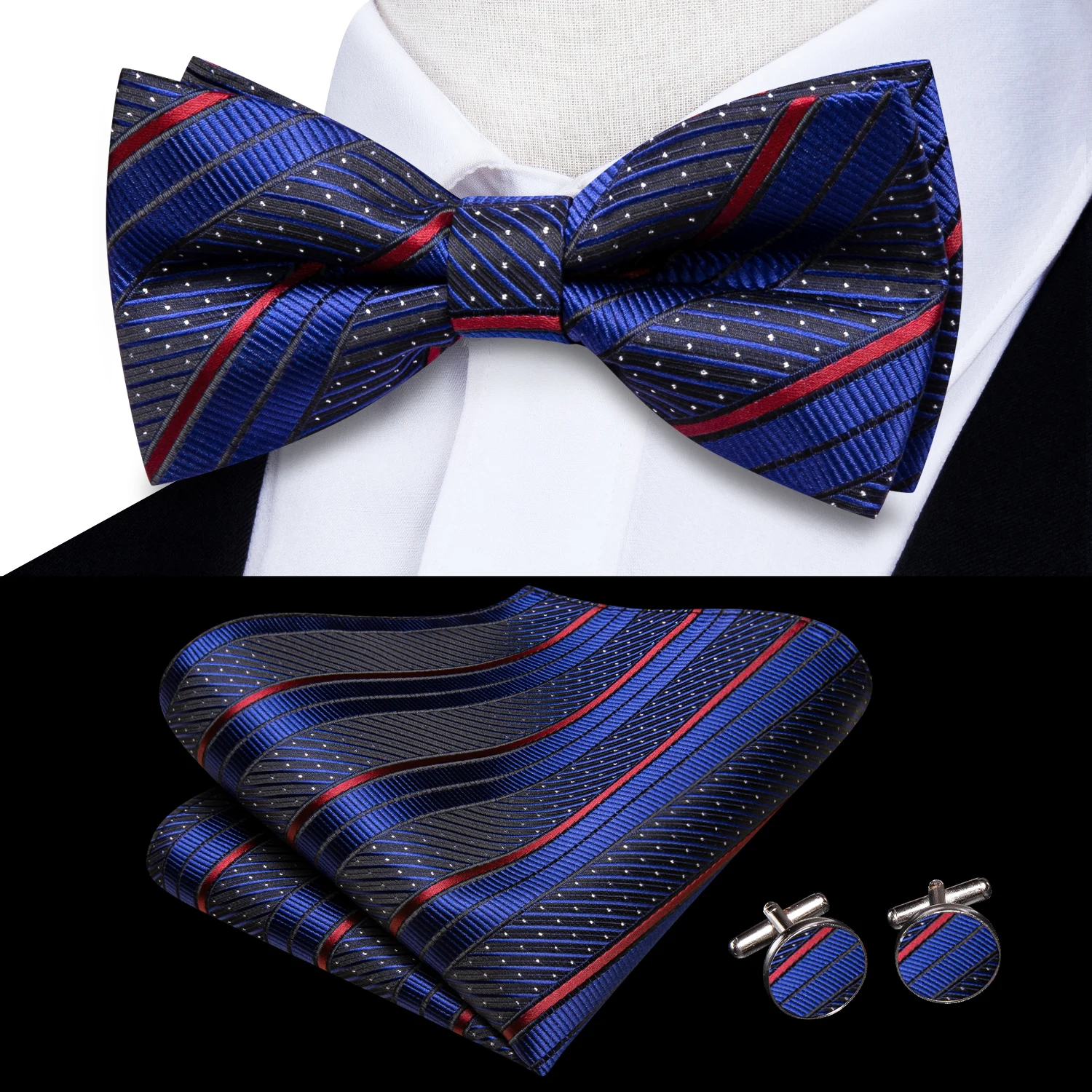 Hi-Tie Silk Mens Striped Bow Tie Royal Blue Red Hanky Cufflinks Set Pre-tied Butterfly Knot Bowtie for Male Wedding Business