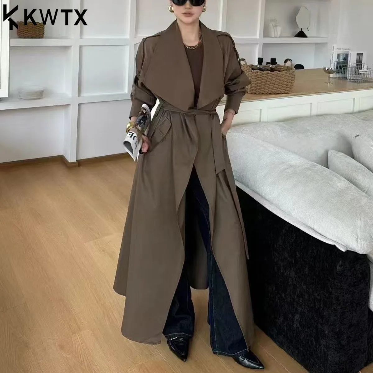 

KWTX 2025 Early Autumn Trench Coat Fashion Lapel Loose Long Coat With Belt Solid Color Elegant Design Slim Fit Casual Chic Style