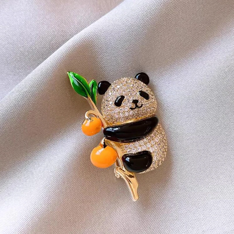 Chinese Style Persimmon Ruyi Rhinestone Little Panda Brooches For Women Clothing Coat Accessries Gift